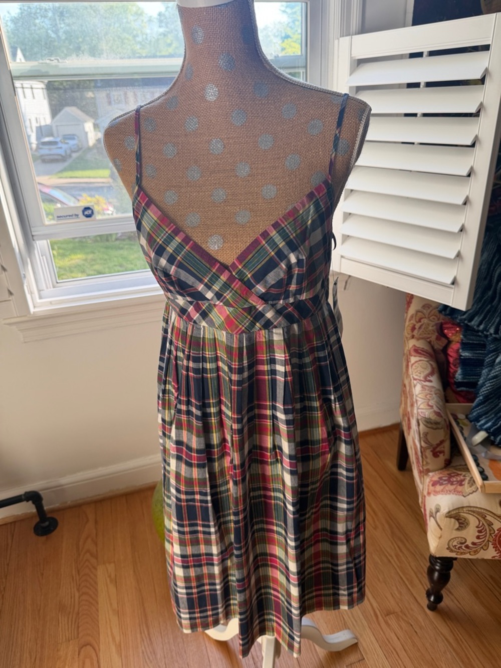 American Living Plaid Midi Dress in Navy, Red, Green